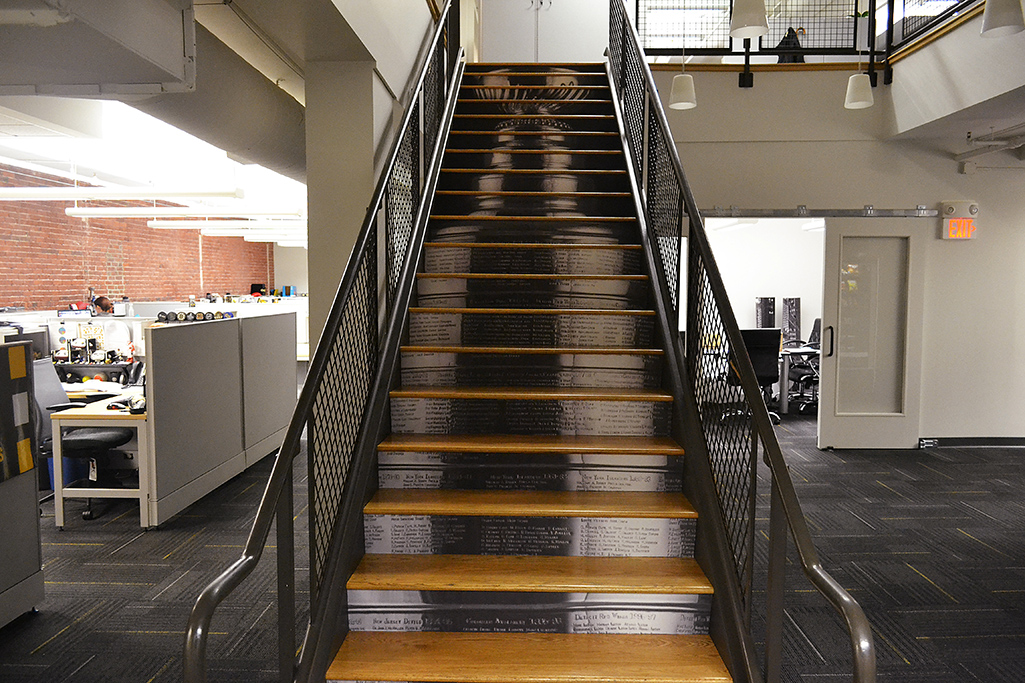 Stair Riser Decals Creating Image of Stanley Cup at Boston Bruins Offices
