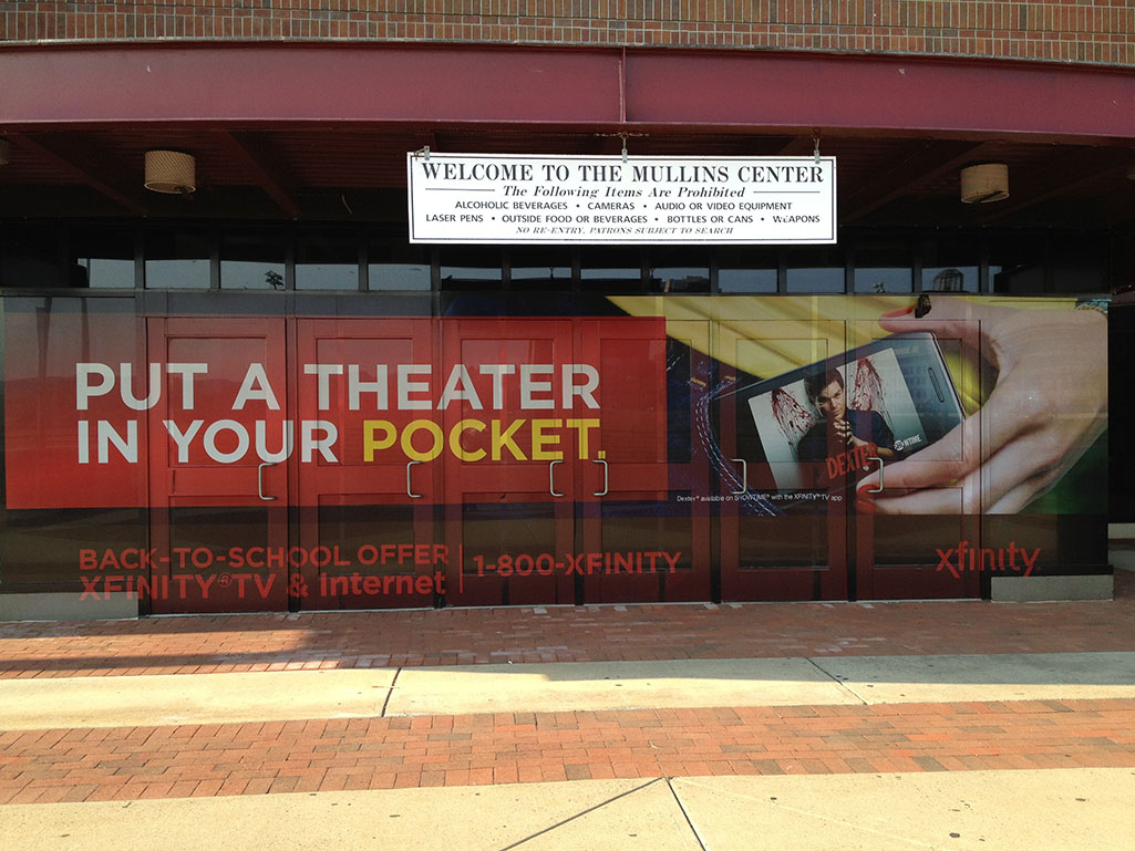 adhesive Window graphics and door wraps at Mullins Center entrance at UMASS Amherst
